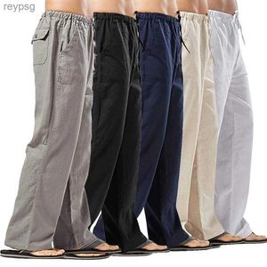 Pantalones de hombre pantalones monocromáticos de lino de algodón con bolsillos ropa casual para hombre primavera verano otoño FJ5 YQ240115