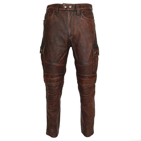 Pantalones de cuero para motocicleta para hombre, protectores de piel de vaca auténtica para motorista