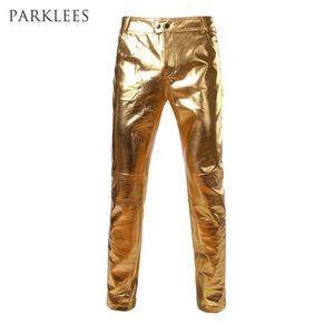 Pantalons pour hommes Moto PU cuir pantalon hommes marque maigre brillant or argent noir pantalon pantalon discothèque scène pantalon pour chanteurs danseurs 231121