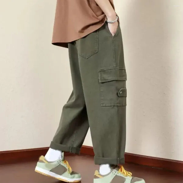 Pantalon masculin plusieurs poches de cargaison lâche vintage avec taille élastique multiples poches avec décor de sangle douce pour haut