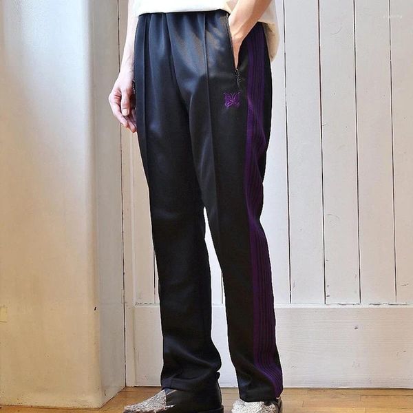 Pantalons pour hommes Aiguilles Arrivée Pantalon en coton noir Papillon Broderie Purple Sangle Track Stripe Oversize Hommes Femmes Pantalons de survêtement