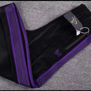 Pantalons pour hommes Aiguilles Papillon Brodé Vintage Velours Violet Rayé High Street Sportswear Jambe Droite Pantalons Hommes Femmes