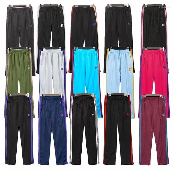 Pantalones de hombre agujas hombres mujeres 1:1 alta calidad verde rayado correas bordado mariposa pista AWGE pantalones