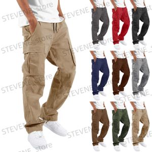 Men's Pants Nouveau 2023 Cargo pantalon pantalon pour hommes pleine longueur couleur unie ample multi-poches cordon poches pantalon mâle Cargo pantalon 3XL T240326