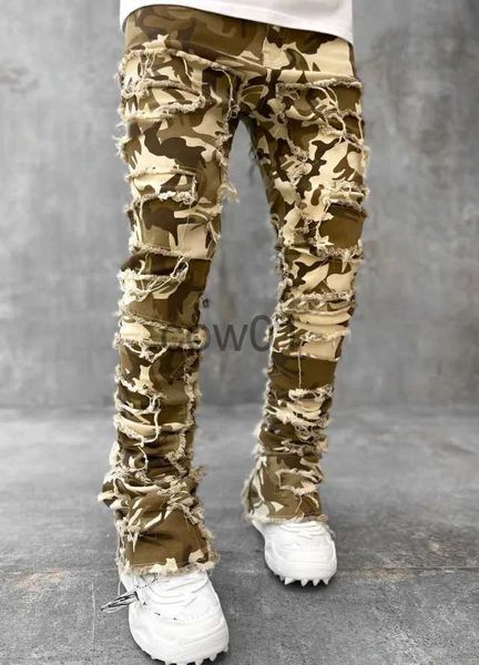 Pantalons pour hommes Nouveaux pantalons de camouflage européens Hommes High Street Slim Fit Stretch Patché Denim Déchiré Jeans empilés pour hommes J231028