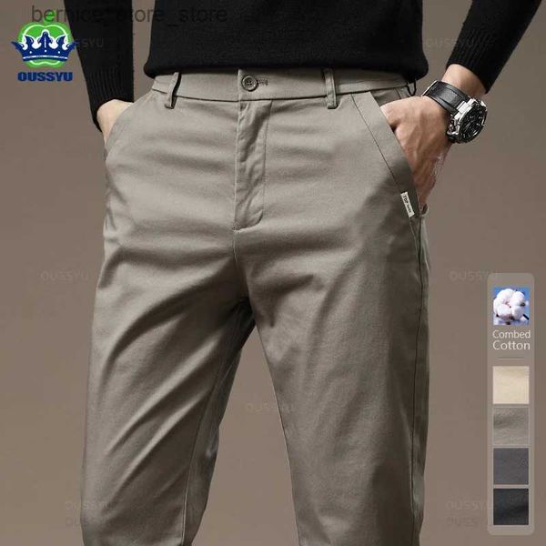 Men's Pants Nouveau haute qualité coton peigné pantalons décontractés hommes épais couleur unie affaires mode coupe droite Chinos gris marque pantalon mâle Q231201