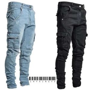 Herenbroeken nieuwe jeans heren broek wassen vaste kleur multi pocket denim middelgrote lading jeans plus size fahsion casual heren dagelijkse kleding y240422