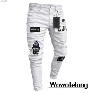 Pantalon pour hommes Nouveaux jeans blancs blancs hommes en coton étendus jean skinny déchiré de haute qualité hop trou noir slim fit oversinim pantl2403
