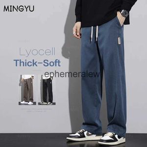 Pantalons pour hommes Nouveau hiver haute qualité doux Lyocell tissu bleu hommes taille élastique droite coréenne épaisse travail cargo jogger pantalon Maleephemeralewephemeralew