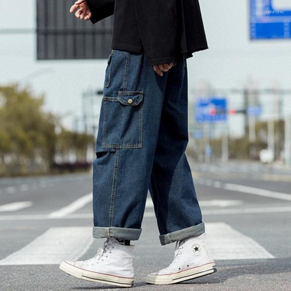 Pantalones de hombre Bonitos pantalones de mezclilla lavados con múltiples bolsillos Herramientas japonesas Rectos sueltos Casuales de moda para hombre Jeans