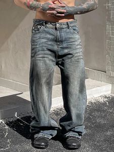 Pantalones para hombres nicho diseñador use vintage cleanfit lavado desgastado jeans rectos hombres y mujeres sueltos fit lim casual