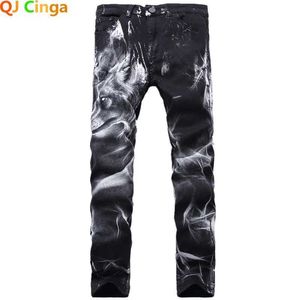 Herenbroek Nachtclub Heren 3D Gedrukte jeans met denim zwart wolf patroon bedrukt punk recht katoen casual bedrukte jeans plus maat 28-42 J240510