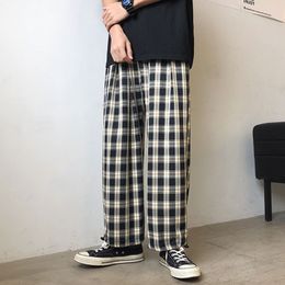 Herenbroek nostamal Harajuku gele plaid trekkoord heren casual broek vintage los rechte straatkleding mannelijke pant unisex broek 230320