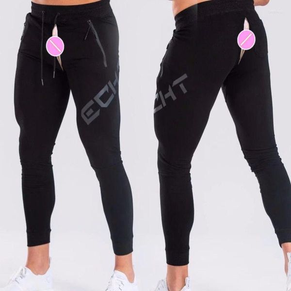 Pantalones de hombre con cremallera abierta en la entrepierna ejercicio de verano Casual hombres algodón cónico Fitness pantalones de chándal Jogger Streetwear sexo al aire libre