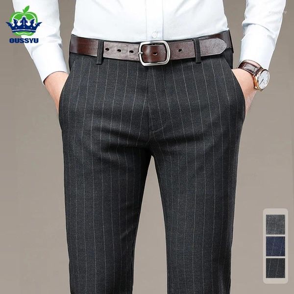 Pantalones para hombres OUSSYU Ropa de marca Traje de patrón de rayas de alta calidad Hombres Negocios Estiramiento Gris Azul Negro Pantalones de trabajo formales masculinos