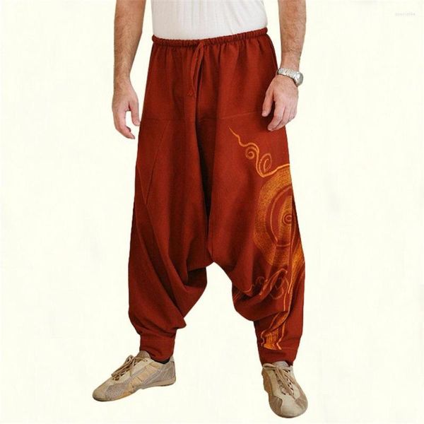Pantalones de hombre de gran tamaño Sarouel Unisex Harem Totem Print Baggy mezcla de algodón pantalones de entrepierna caída bombachos de cintura elástica