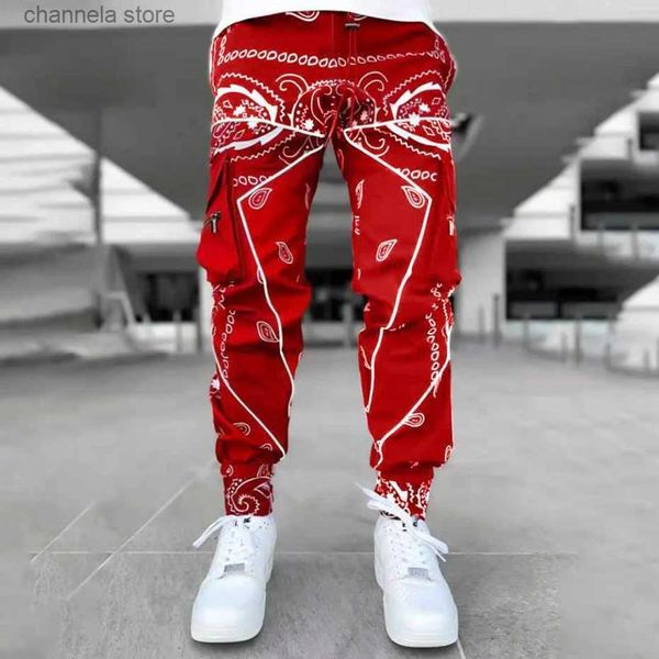 Pantalons pour hommes Paisley Cargo pantalon mode hommes réfléchissant Joggers surdimensionné Streetwear Harajuku Hip Hop Jogger pantalon noir pantalon bas T240228