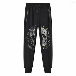 Herenbroek Pant Men Elastische taille Streetwear Joggers Anime Rhinestones Skull Casual broek Stweatpants luxe trekkoord