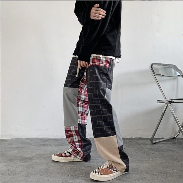 Pantalons pour hommes Patchwork Plaid Streetwear Hommes Vêtements Mode coréenne High Street Hommes Joggers 3XL 2022 Automne Pantalon Homme W125Men