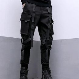 Herenbroek Pfnw Darkwear Safari -stijl Webbing Splitte Cargo Pants Men High Street Streetwear Elastische taille Slim Tactical Techwear 12A1634 220914