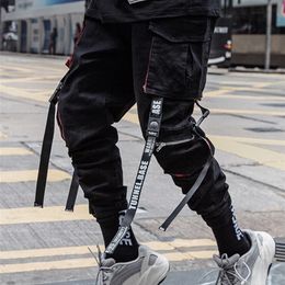 Herenbroek pfnw heren streetwear hiphop casual overalls massieve zwarte mannelijke broek coole safari -stijl joggers linten laadbroek 12x1463 220914