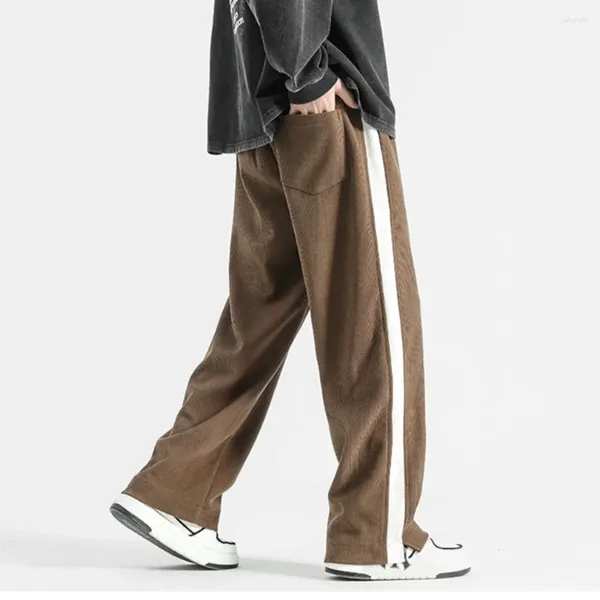 Pantalones para hombre, tela con textura de piña, pana, informal, cintura elástica gruesa, moda recta, pantalones holgados de pierna ancha, pantalones coreanos para hombre