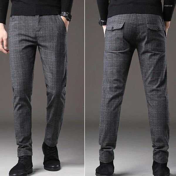 Pantalon à carreaux pour hommes, respirant, élastique, confortable, mode d'affaires coréenne, coupe cintrée, extensible, gris, bleu, noir