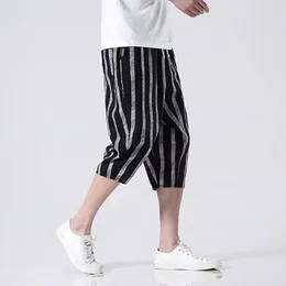 Herenbroek plaid capri voor man retro plus size haren zomer wide been broek dunne casual mannelijke trekkoord zakken