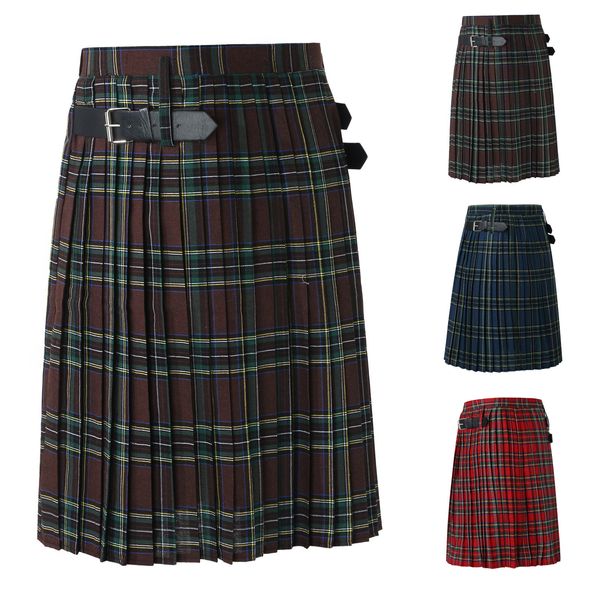 Pantalons pour hommes jupe plissée à carreaux écossais vacances Kilt Costumes traditionnels scène Performance s ceinture rétro décontracté 230221