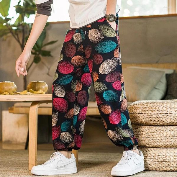 Pantalones para hombres Tallas grandes 5XL Hombres Algodón Lino Pierna ancha Primavera Otoño Estilo nacional Hoja colorida Estampado Elástico Cintura Pantalones holgados Hombre