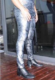 Pantalon homme imprimé PU moto cuir pantalon crayon mode ajouter velours garder au chaud Legging poches avant arrière une pièce jean serré