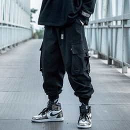 Herenbroeken Prowow Spring herfst Men Hip-Hop Style Sports Pants Black Harem Overalls With Multi-Pocket Ribbon Casual Streetwear 230310