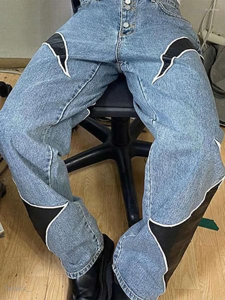 Pantalones para hombres Pu Cuero Baggy Patchwork Jeans Hombres Thug Club Straight Streetwear Otoño 2023 Oversize Unisex Cargo Pantalones Hombre 899