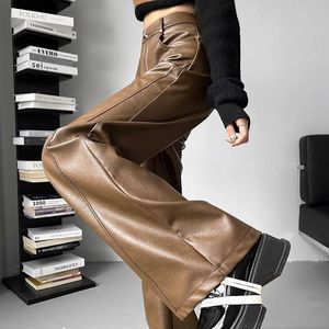 Pantalon en cuir Pu pour hommes, Harajuku Y2K, taille haute, mode, jambes larges, noir, marron, Chic, automne hiver, 231216