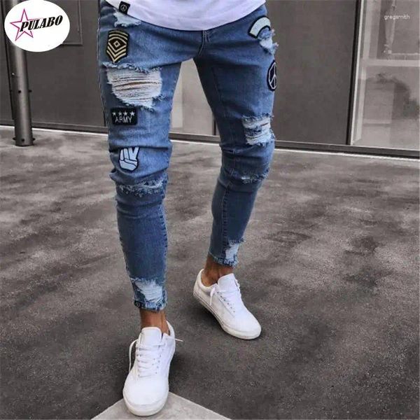 Pantalon masculin pulabo hommes élégants biker jean déchiré skinny slim pantalon en jean effiloché