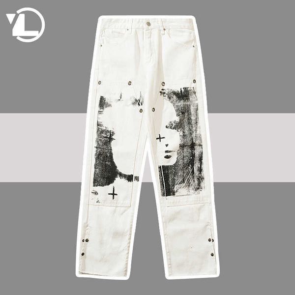 Pantalones para hombres Punk Cargo Jeans Hombres de gran tamaño Pintura de la cara Pantalones con estampado Pareja suelta Pantalones rectos Hombres Mujeres Streetwear Y2K Pantalones Blanco G230422