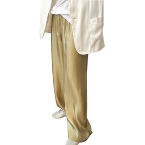 Pantalons pour hommes - Drapé en satin de qualité et pantalon à jambes larges taille haute lisse, pantalon de nettoyage ample à taille haute pour femme