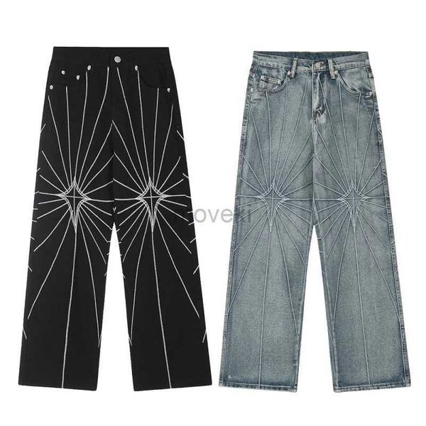 Pantalon pour hommes Grille radiale brodée Denim Straitement à rayures Street Retro Retro Casual Couple Tendance Fashion Tenders Hot Sale D240425