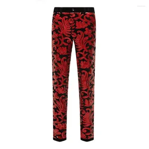 Pantalon pour hommes Rouge Floral Paillettes Velours Robe Hommes 2024 Élégant Slim Fit Costume Droit Hommes Fête De Mariage Pantalon De Scène