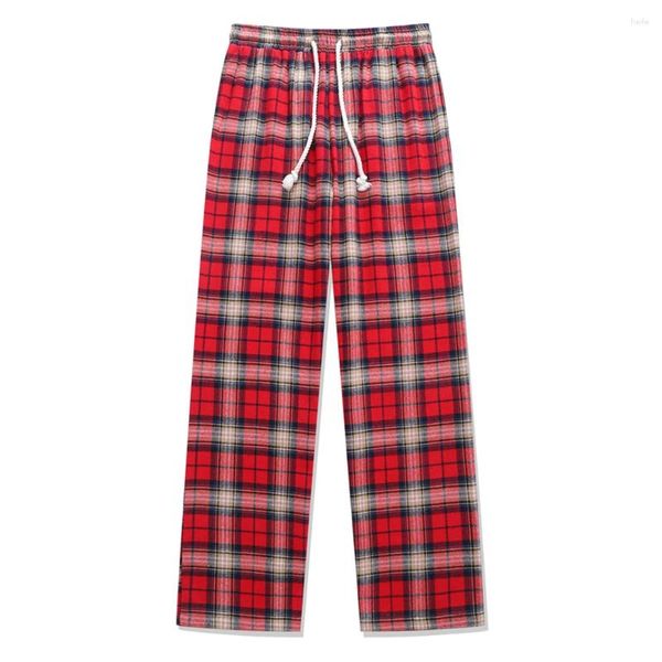 Pantalons pour hommes Plaid rouge Hommes Femmes Pantalon droit en coton de style japonais