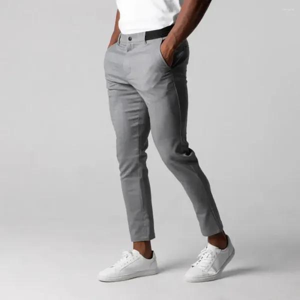 Pantalones de hombres en forma regulares hombres elegantes negocios delgados con bolsas de cierre de botones de cintura elástica suave transpirable para el trabajo