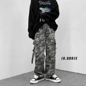 Herenbroek retro camouflage lading broek Amerikaanse retro lange sokken wijd been casual Koreaanse broek J240507