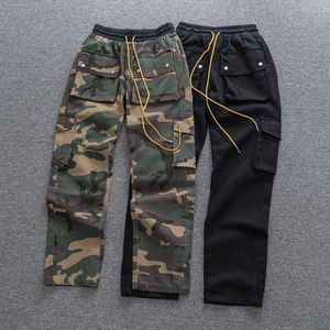 Pantalons pour hommes RHUDE Pantalon Cowboy Noir Vert Camouflage Hommes Femmes Oversize 1 Tag Bouton Élasticité Cordon Extérieur Épais 231129