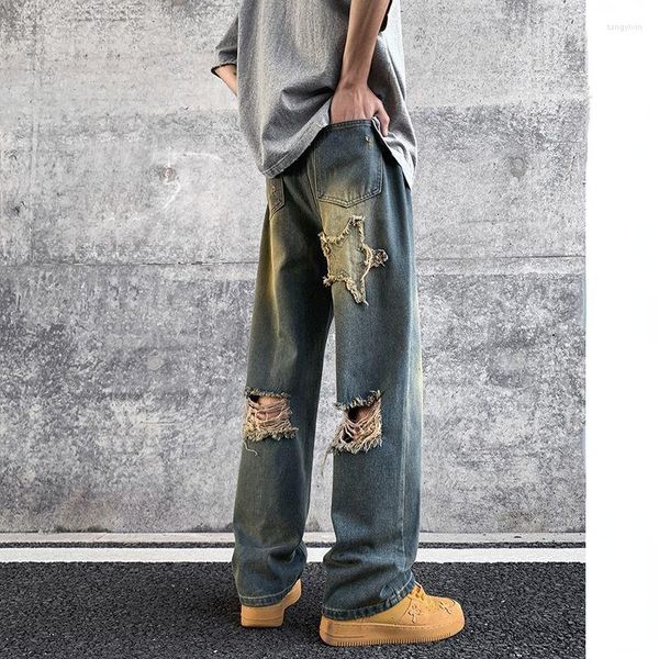 Pantalones de hombres tendencia de verano rasgada tendencia de verano estadounidense retro high street angustiada y de diseño femenino nicho de pierna ancha