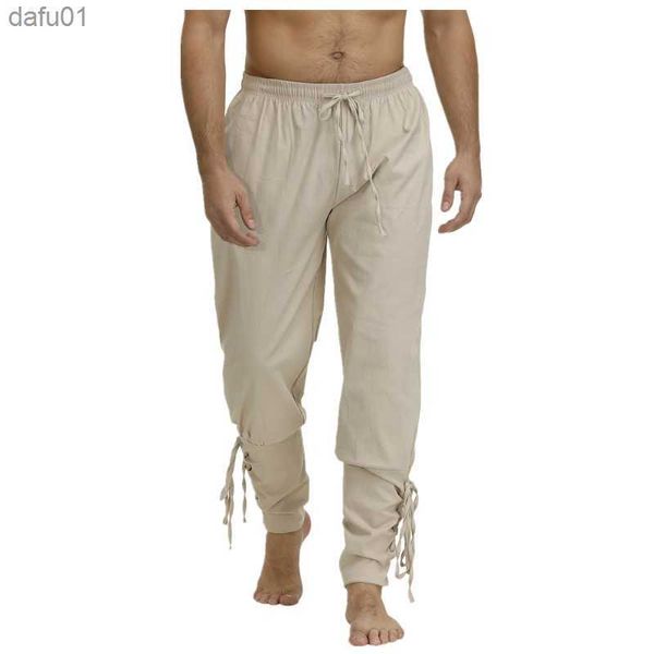 Pantalones de hombre S-5XL Pantalones de pirata Pantalones de algodón Medieval Renaissance Larp Disfraz Viking Pierna con cordones Traje de lino Halloween para hombres Tallas grandes L230520