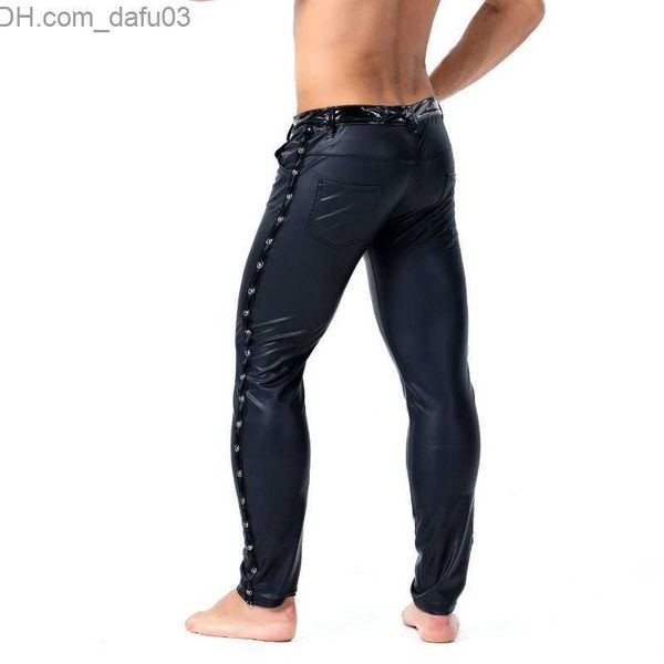 Pantalons pour hommes S-XXL marque pantalons à rivets en cuir pour hommes avec coupe ultra-mince et style élastique mode printemps / été pantalons en cuir PU pantalons de moto Z230721