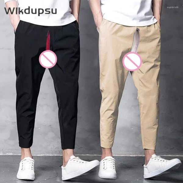 Pantalon Cargo pour hommes, Sexy, Invisible, Double fermeture éclair, entrejambe ouvert, élastique, Jogging, Harajuku, vêtements coréens, Streetwear