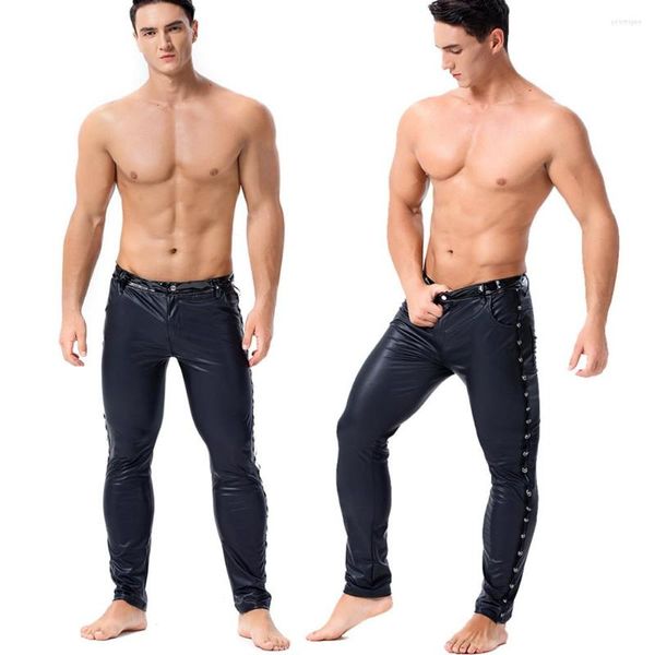 Pantalones para hombres Hombres sexy Hombres brillantes Cuero de imitación Alto Elástico Pantalones apretados Legging flaco Lápiz Fetiche Club Wear