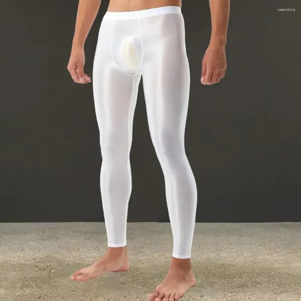 Pantalon Sexy pour hommes, legging moulant, soyeux, lisse, avec poche bombée convexe en U, tissu respirant à haute élasticité, taille moyenne