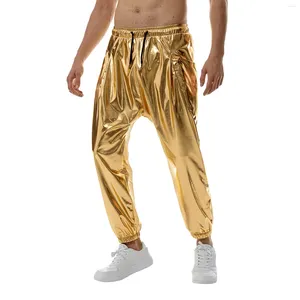 Pantalon en cuir brillant pour hommes, couleur unie, cordon de serrage, décontracté, Costume de fête de Mardi Gras, pantalon de spectacle en boîte de nuit et sur scène